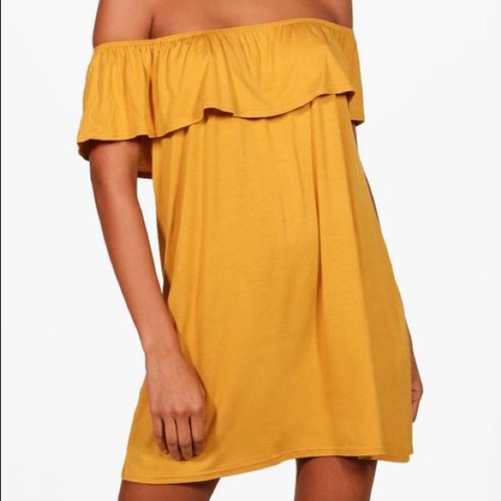 boohoo off the shoulder swing dress